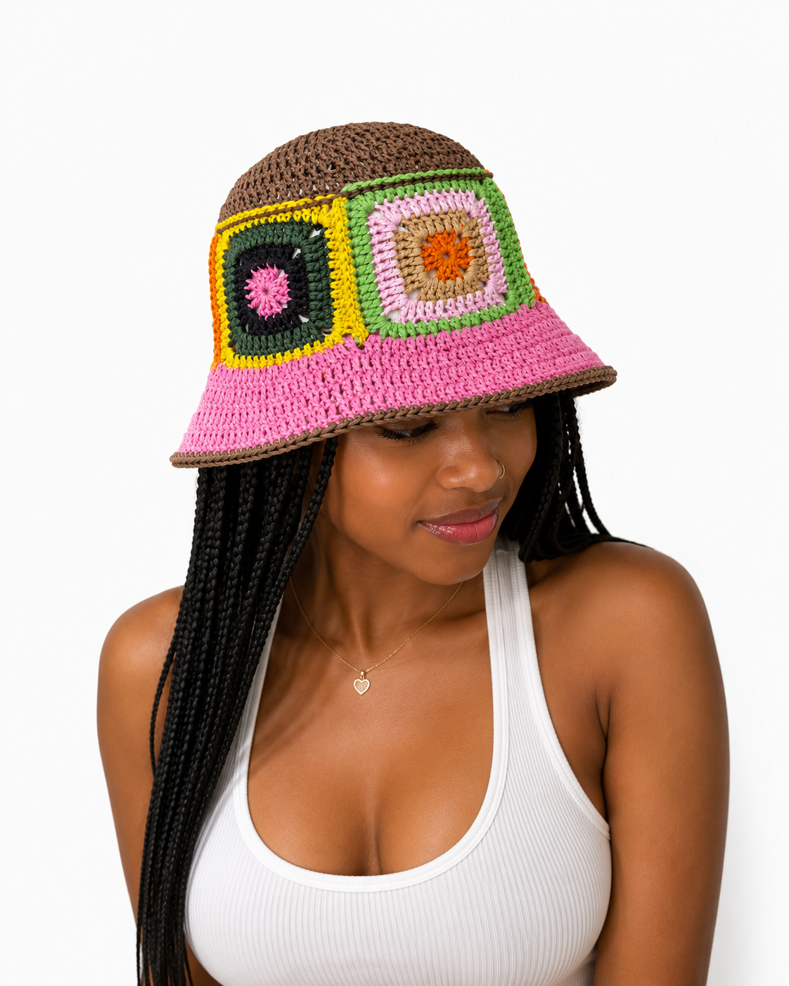 rafia Granny Square Crochet Bucket Hat