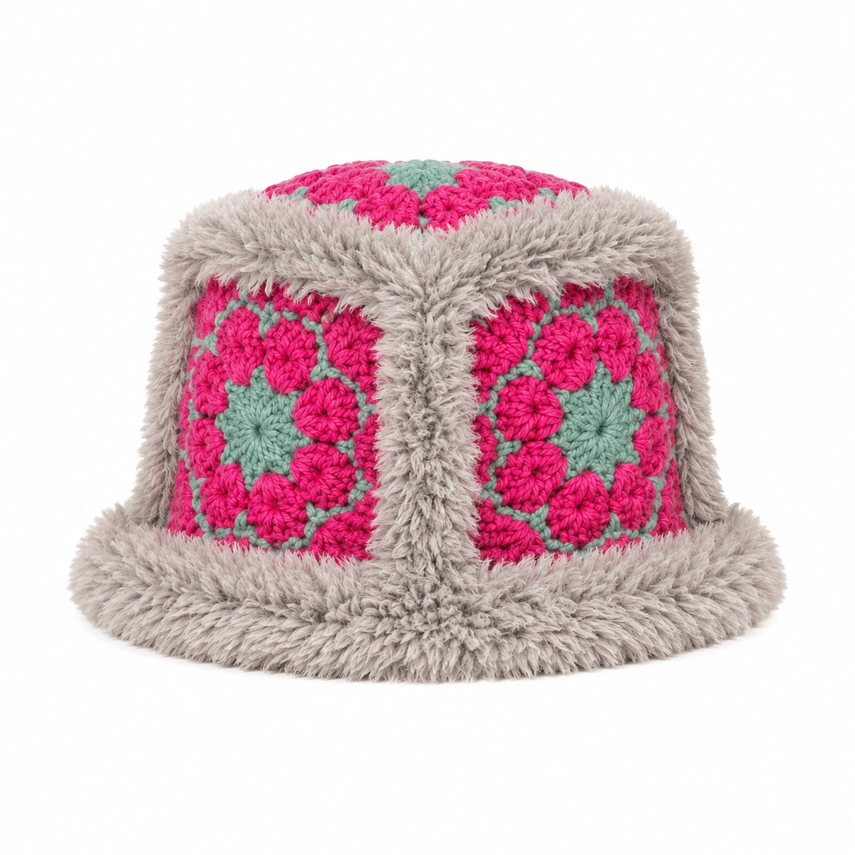 Floral crochet Faux fur bucket hat